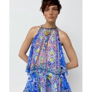 Zara Blue Ikat Print Halter Top Beaded Neck Tiered Boho Blogger Fave XS